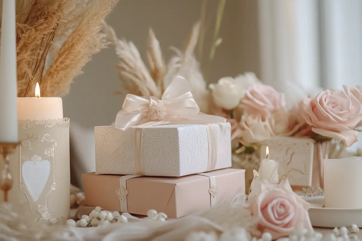 Mesa con regalos personalizados para comuniones y bautizos