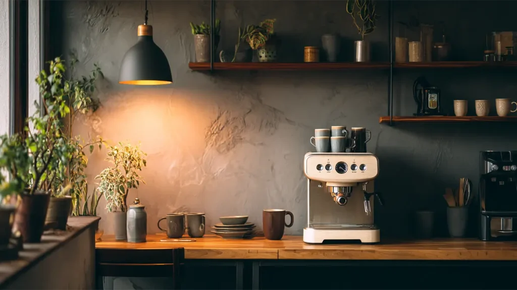 Rincón del café en casa con cafetera, plantas y decoración cálida – imagen inspiracional